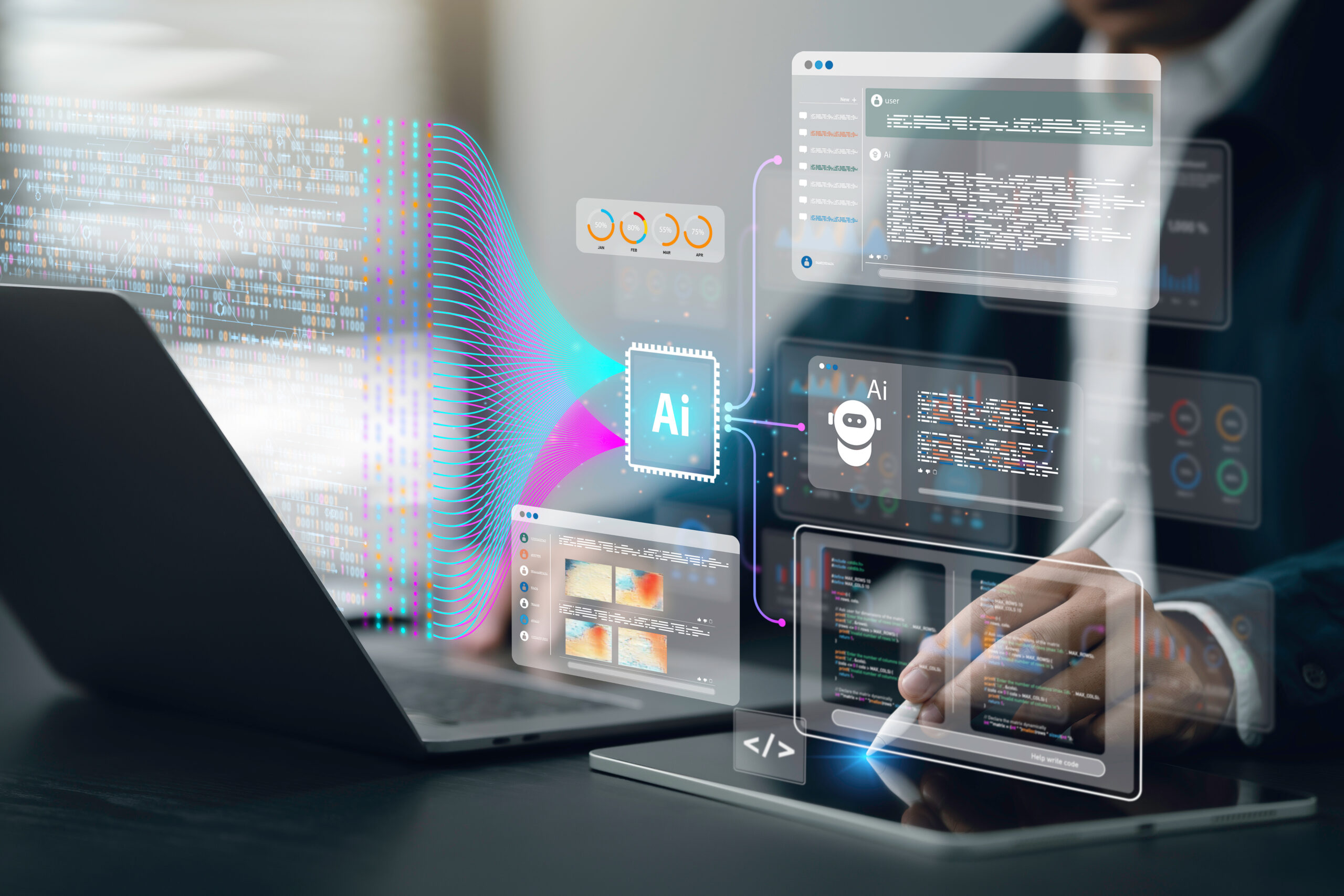 A person working on a laptop and tablet interface with artificial intelligence (AI) visuals displayed in the foreground. The visuals show AI-related icons, coding interfaces, and data graphs, symbolizing AI technology's role in data analysis and automation. Multiple digital windows float around, highlighting various data-driven tools and code execution, emphasizing the integration of AI into workflow processes.